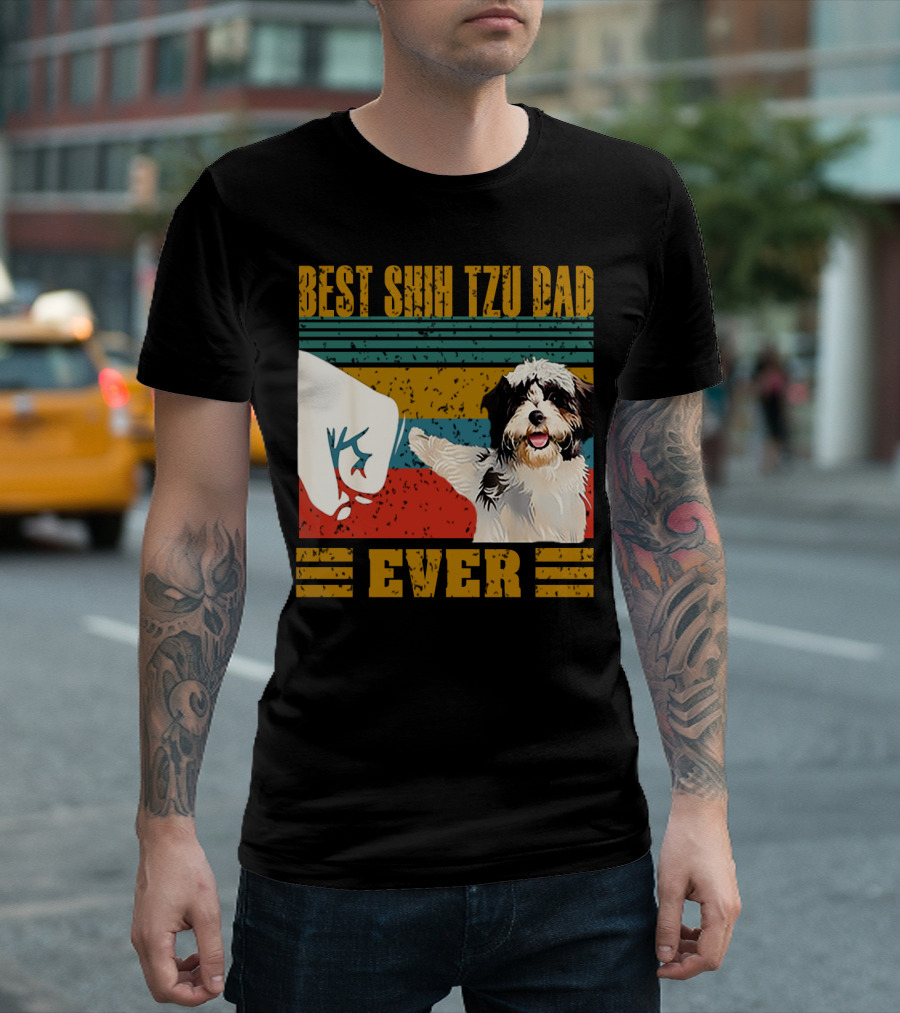 Best Shih Tzu Dad Ever Vintage Style Dog Paw Prints T-Shirt