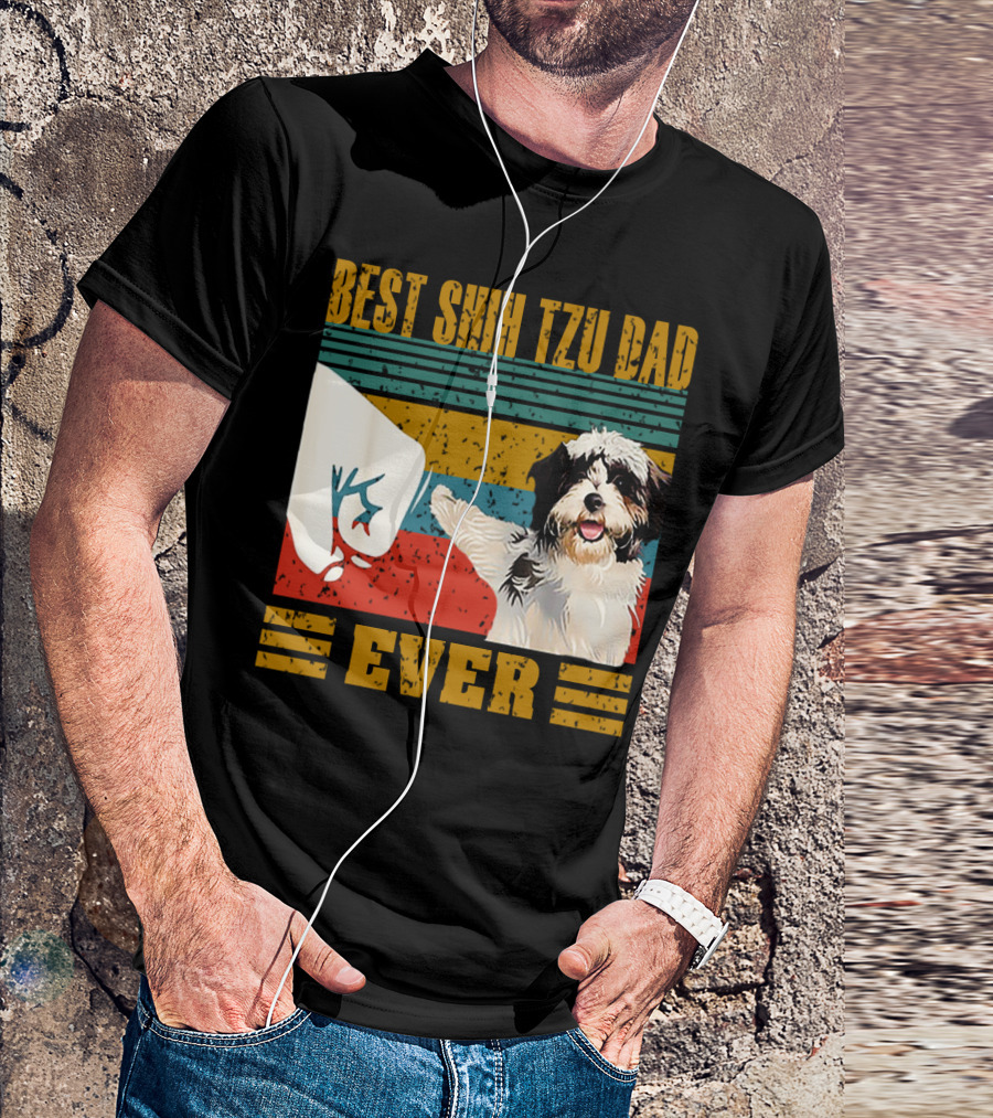 Best Shih Tzu Dad Ever Vintage Style Dog Paw Prints T-Shirt