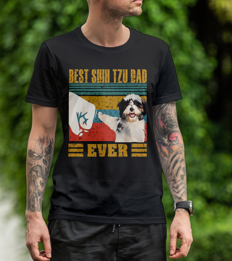 Best Shih Tzu Dad Ever Vintage Style Dog Paw Prints T-Shirt