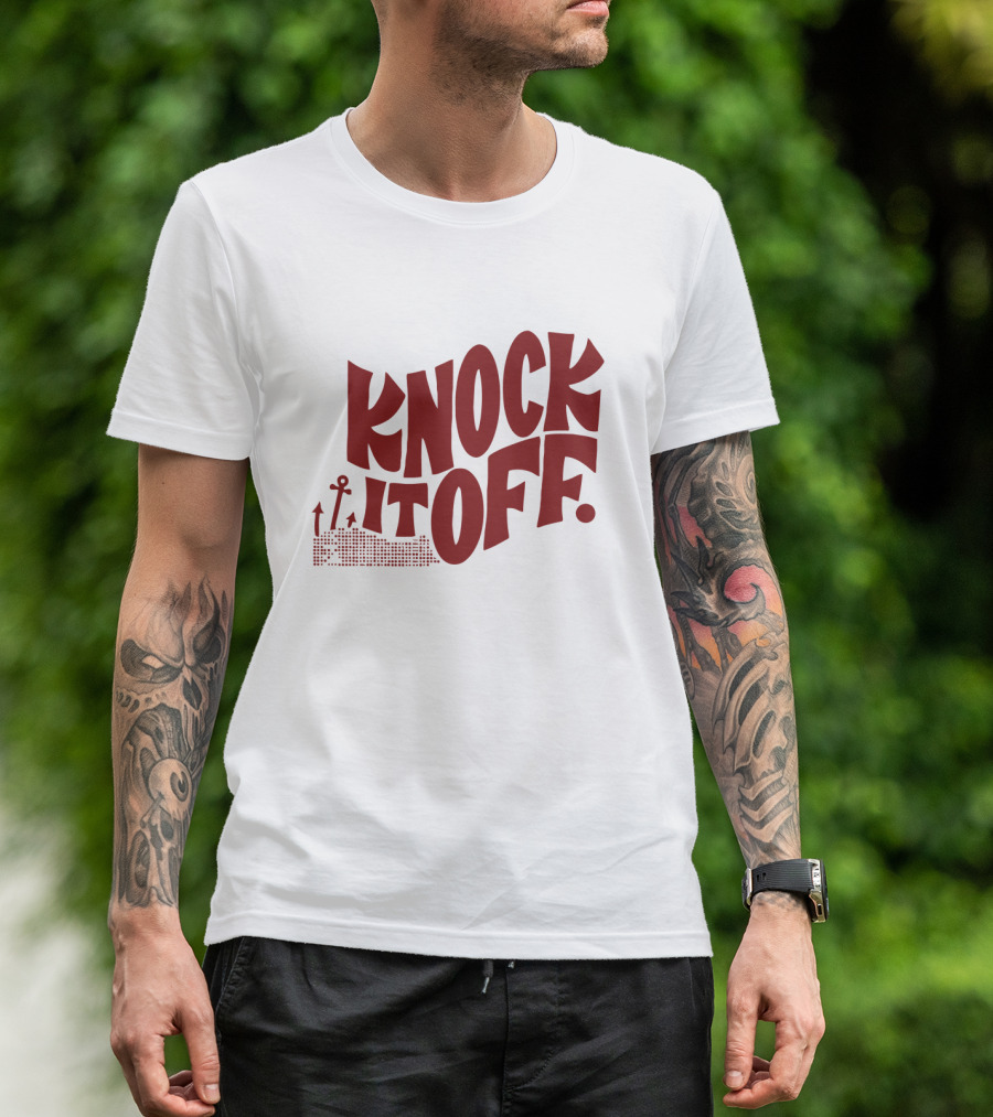 KNOCK IT OFF Lettering With Rising Arrow Figures T-Shirt