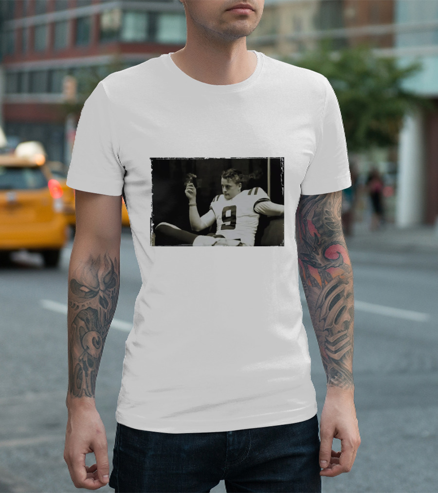Smoking Joe Burrow Cigar Relaxing in Football Jersey Number 9 T-Shirt