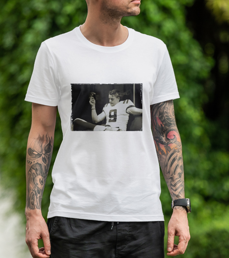 Smoking Joe Burrow Cigar Relaxing In Football Jersey Number 9 T-Shirt