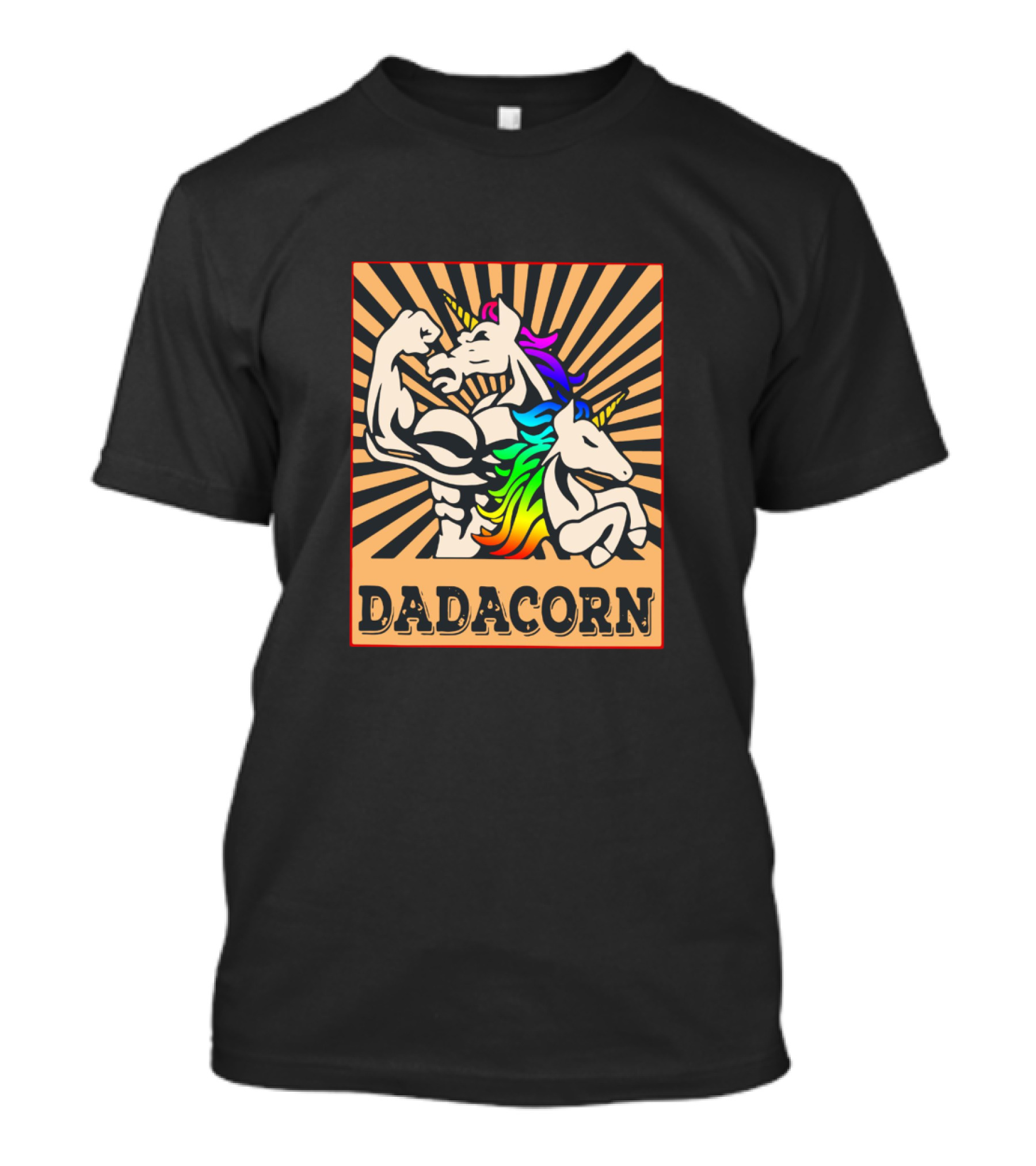 Dadacorn Muscular Rainbow Unicorn Duo With Sunburst Background T-Shirt