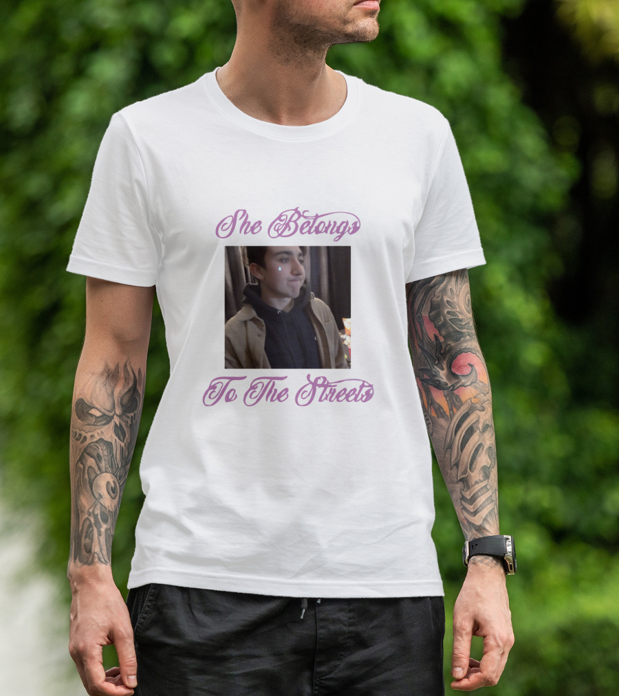 She Belongs To The Streets Photo Of Young Man Smirking In Hoodie And Jacket T-Shirt