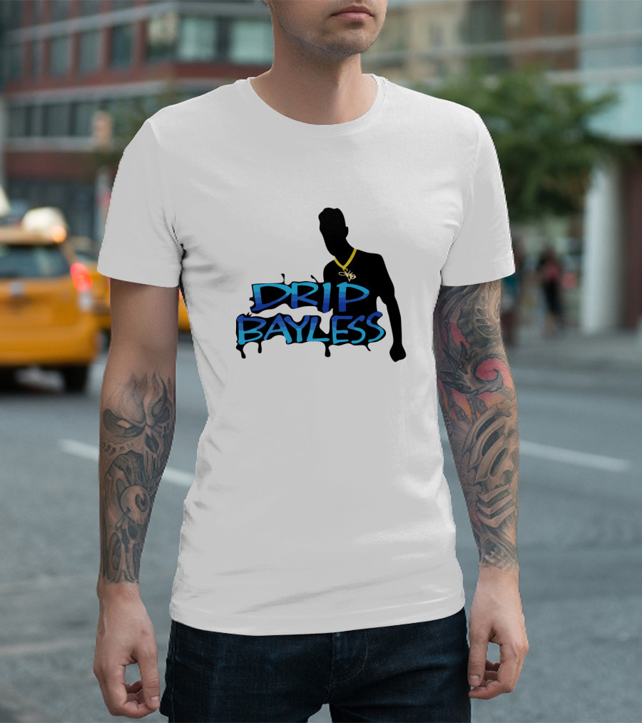 Drip Bayless Silhouette With Gold Chain And Blue Graffiti Text T-Shirt