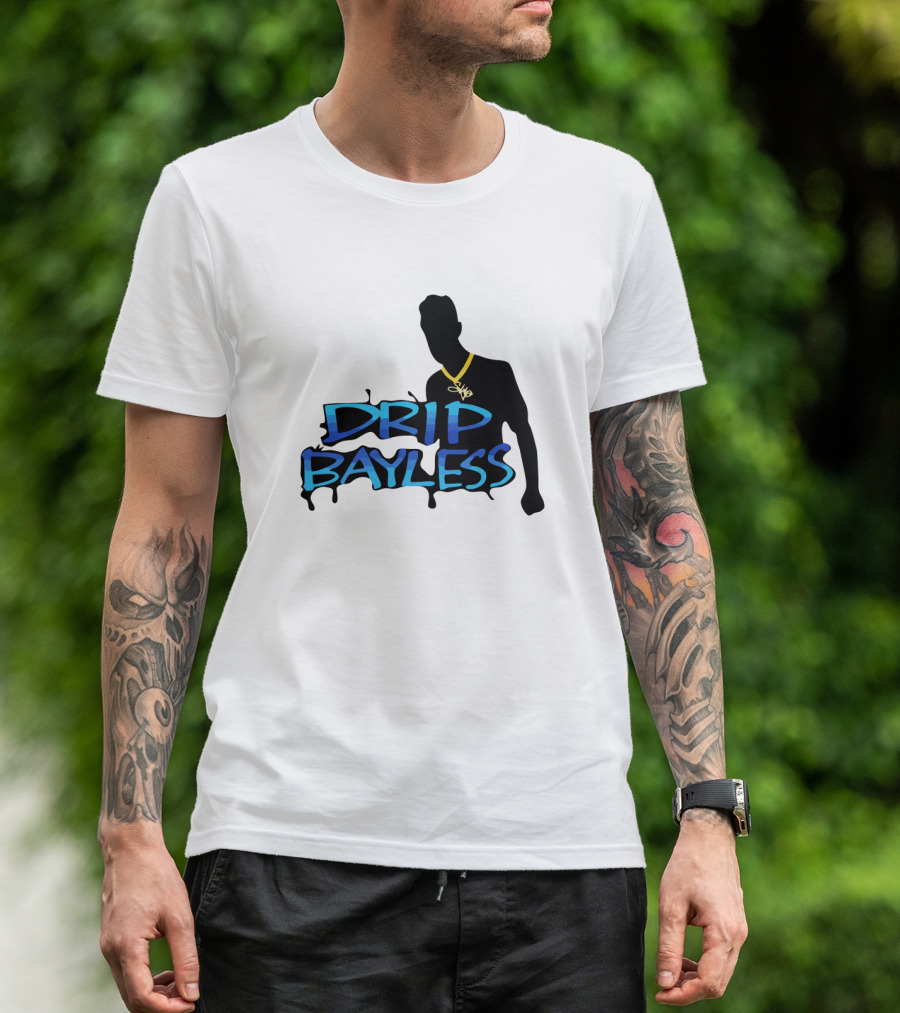 Drip Bayless Silhouette With Gold Chain And Blue Graffiti Text T-Shirt