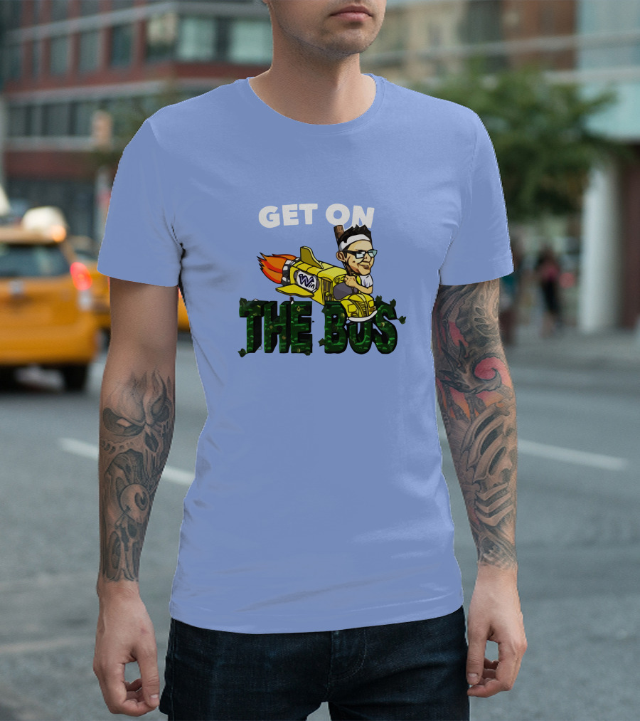 GET ON THE BUS Rocket Cartoon Character With Headband And Glasses T-Shirt