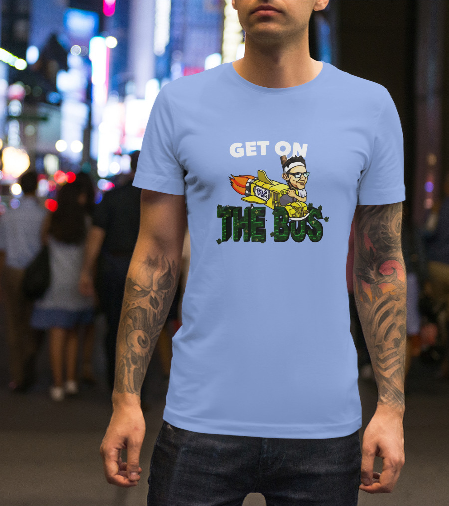 GET ON THE BUS Rocket Cartoon Character With Headband And Glasses T-Shirt