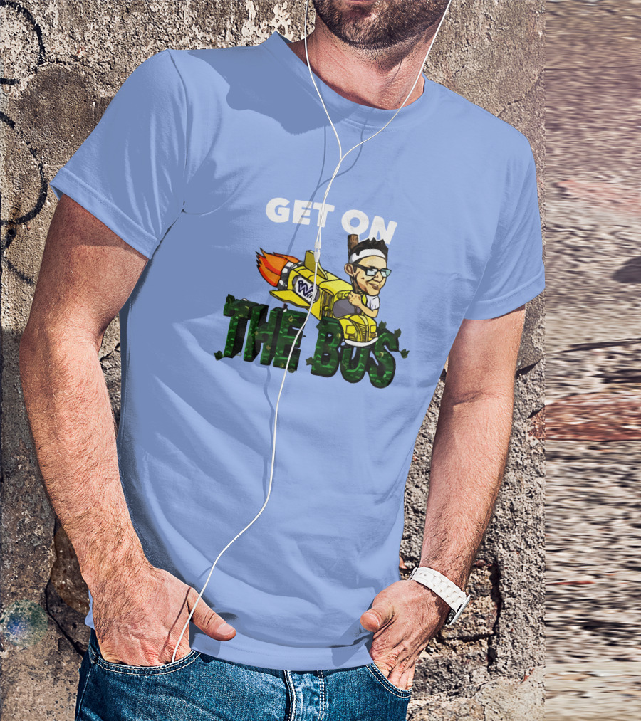 GET ON THE BUS Rocket Cartoon Character With Headband And Glasses T-Shirt