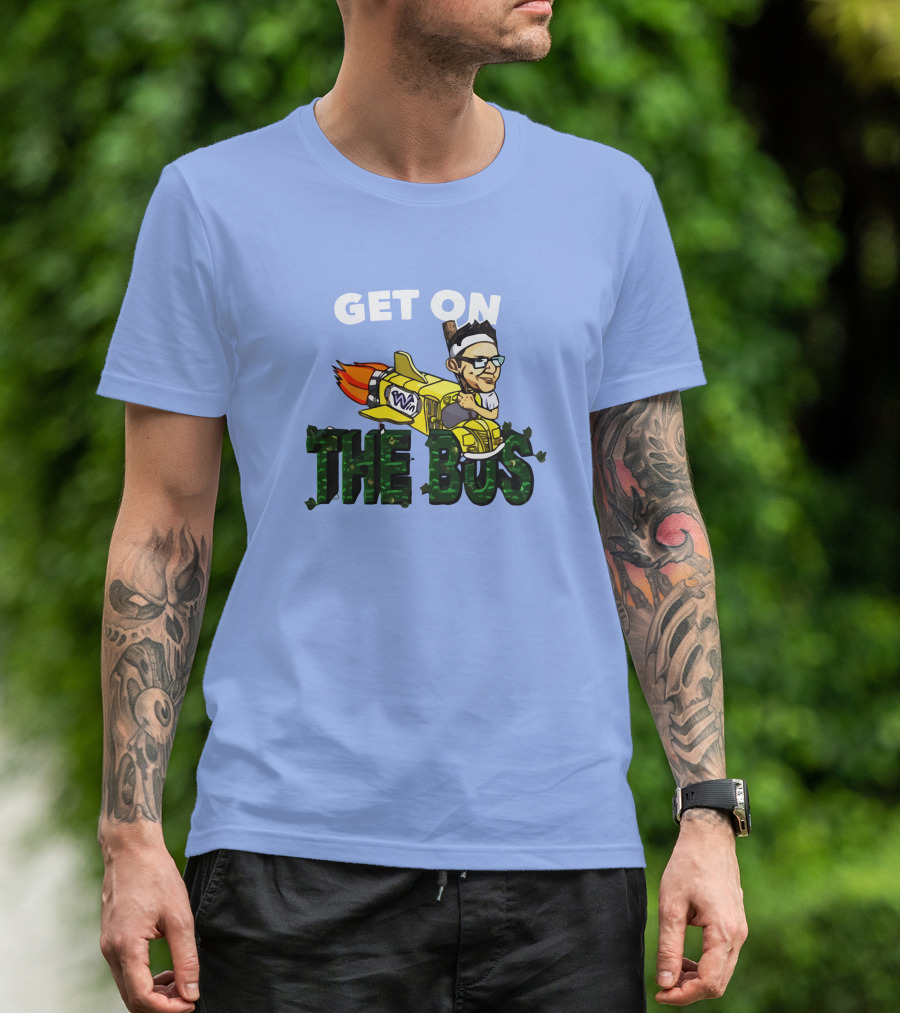 GET ON THE BUS Rocket Cartoon Character With Headband And Glasses T-Shirt