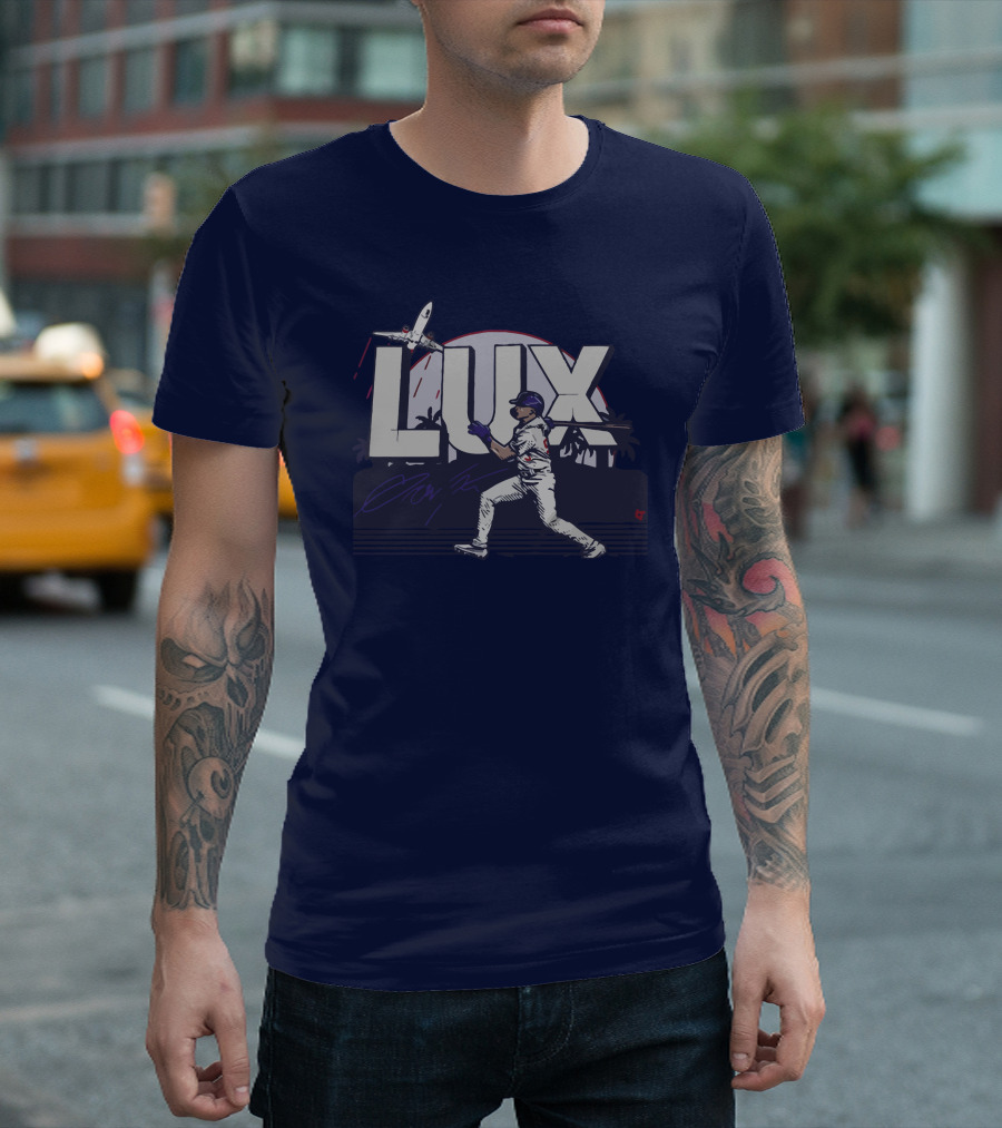 LUX Los Angeles Baseball Player with Plane and Palm Trees T-Shirt