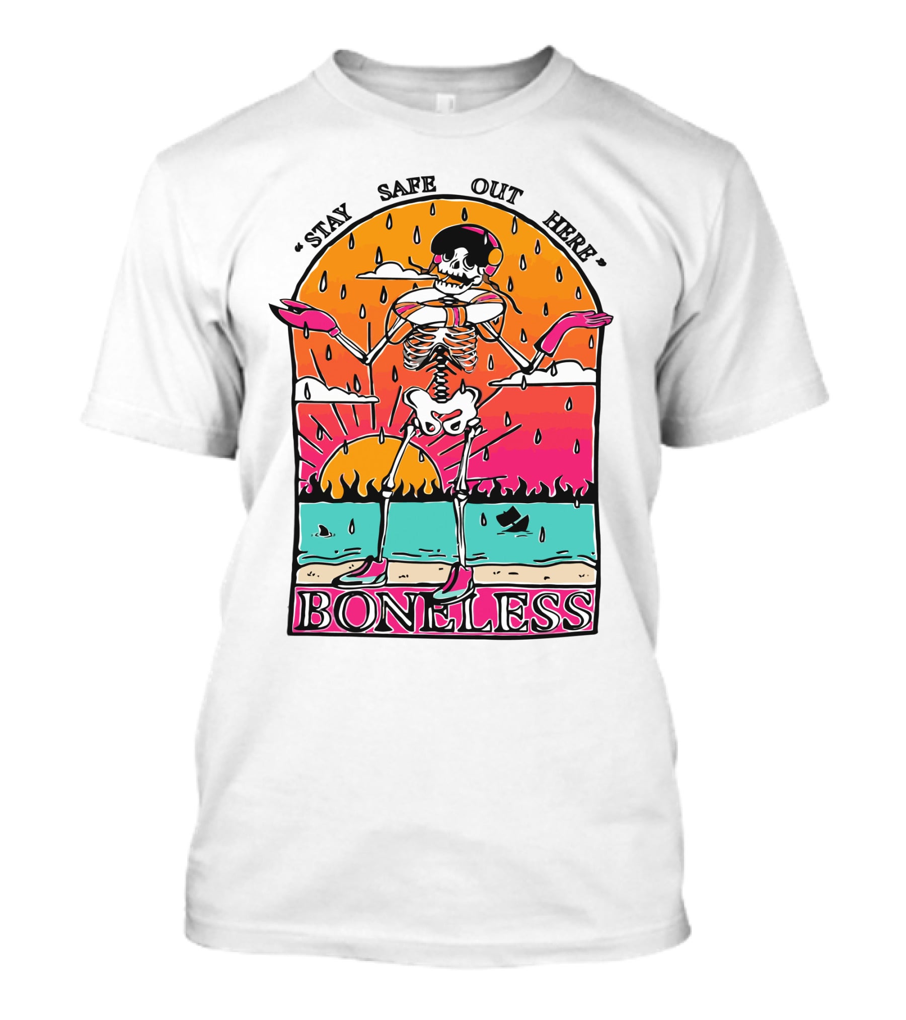 Stay Safe Out Here Boneless Sunset Skeleton Surfer T-Shirt