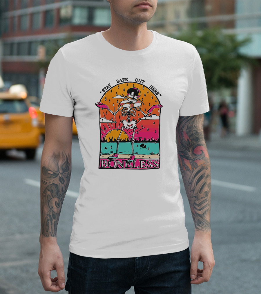 Stay Safe Out Here Boneless Sunset Skeleton Surfer T-Shirt