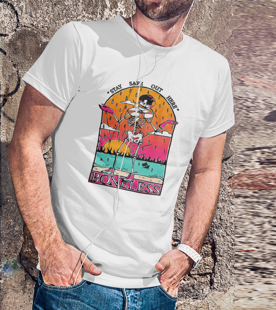 Stay Safe Out Here Boneless Sunset Skeleton Surfer T-Shirt
