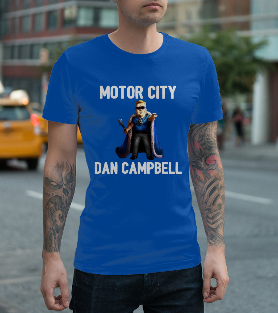 Motor City Dan Campbell Iconic Blue Cape And Scepter Character Representation T-Shirt