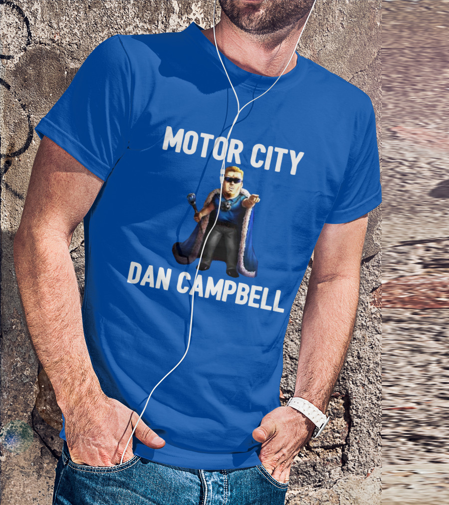 Motor City Dan Campbell Iconic Blue Cape And Scepter Character Representation T-Shirt