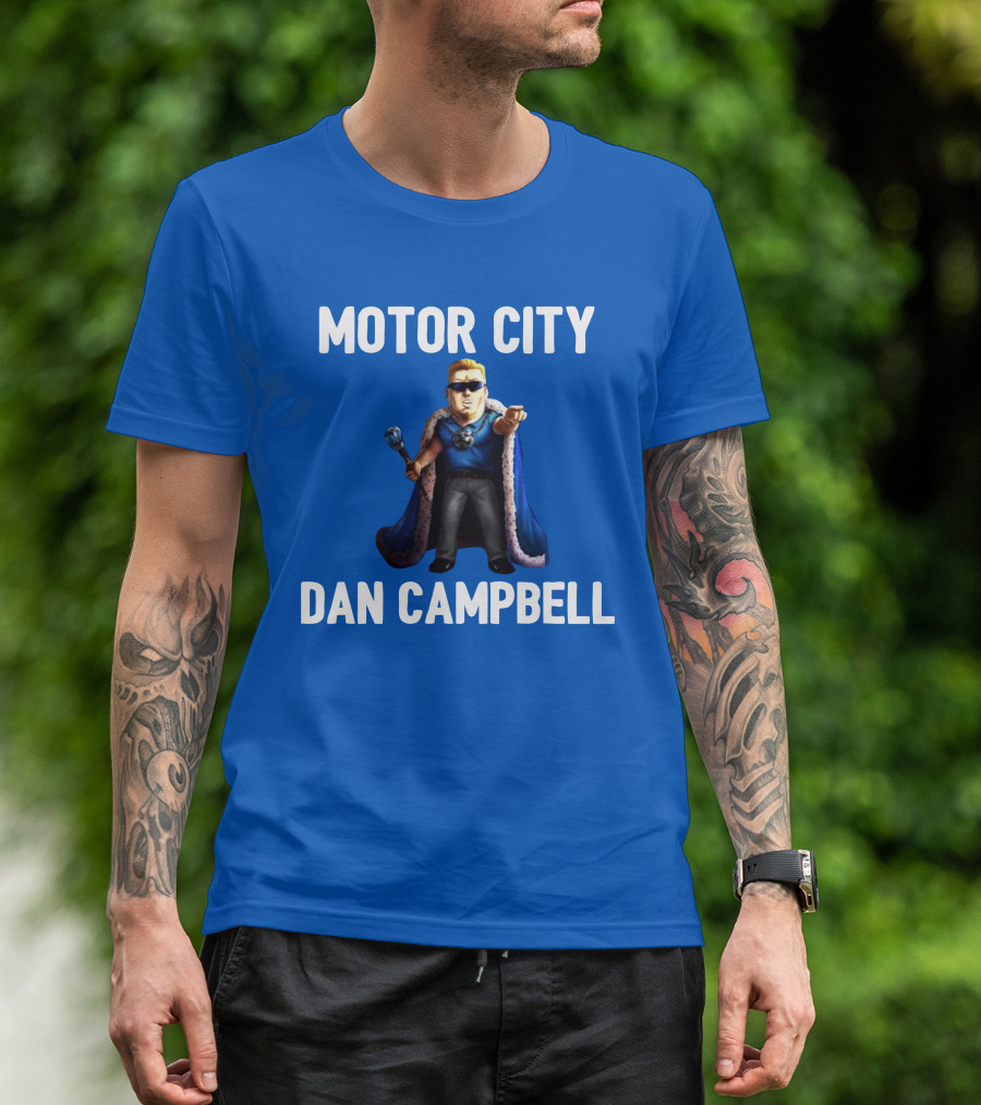 Motor City Dan Campbell Iconic Blue Cape And Scepter Character Representation T-Shirt