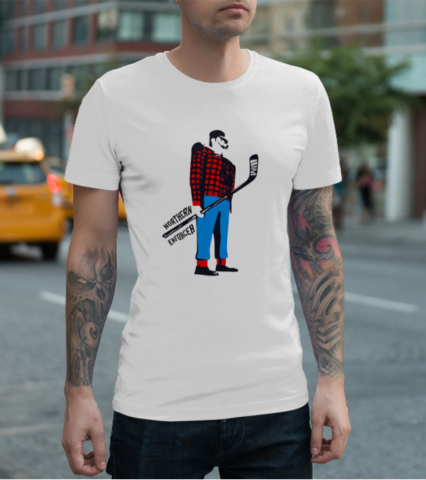 Northern Enforcer Hockey Plaid Lumberjack Player With Stick T-Shirt