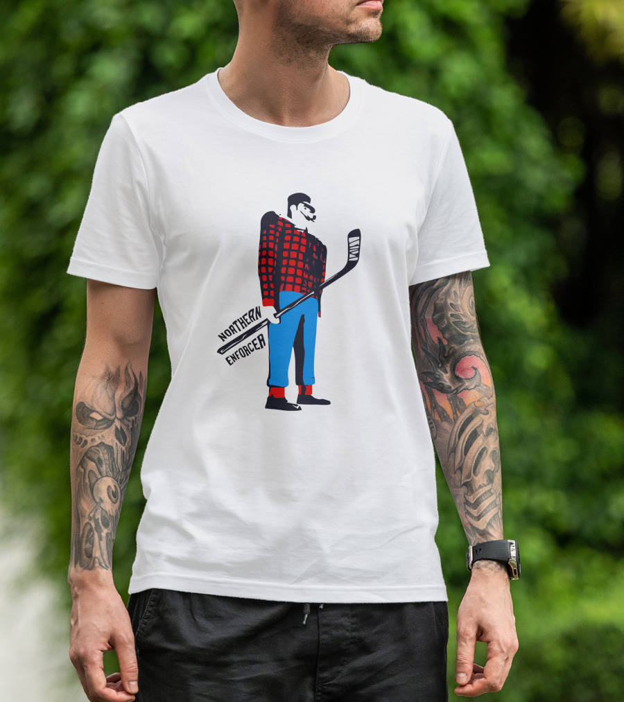 Northern Enforcer Hockey Plaid Lumberjack Player With Stick T-Shirt