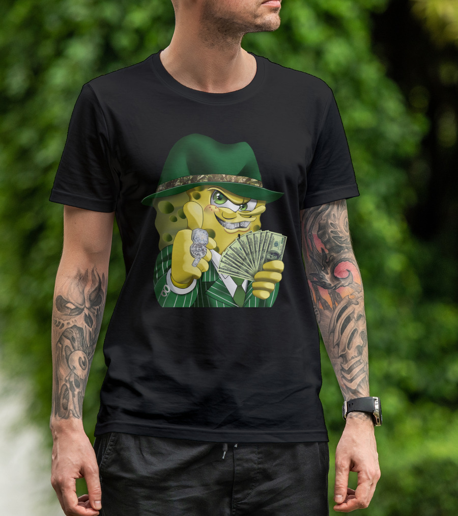 SpongeBob Gangster Style In Green Suit And Hat With Money And Diamonds T-Shirt