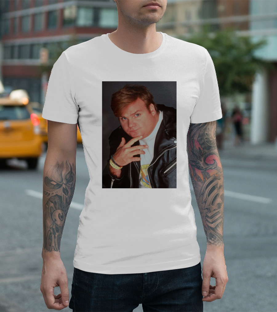 Kid Cudi Chris Farley Style Leather Jacket White Shirt Bracelet 90s Fashion T-Shirt