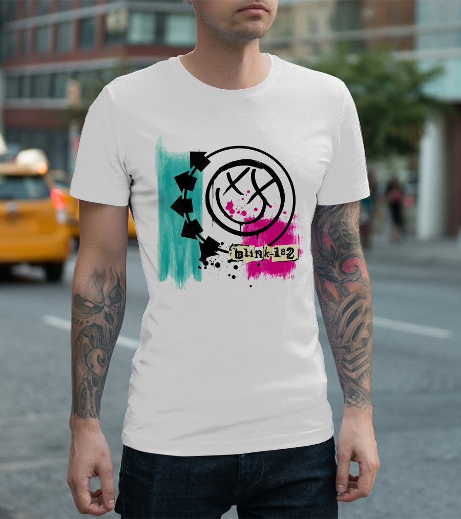 Blink 182 I Miss You Smiley Logo with Pink and Teal Paint Splatter T-Shirt