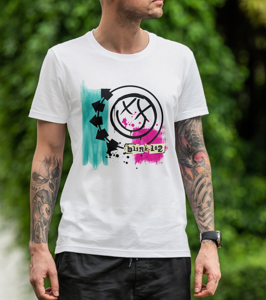 Blink 182 I Miss You Smiley Logo With Pink And Teal Paint Splatter T-Shirt