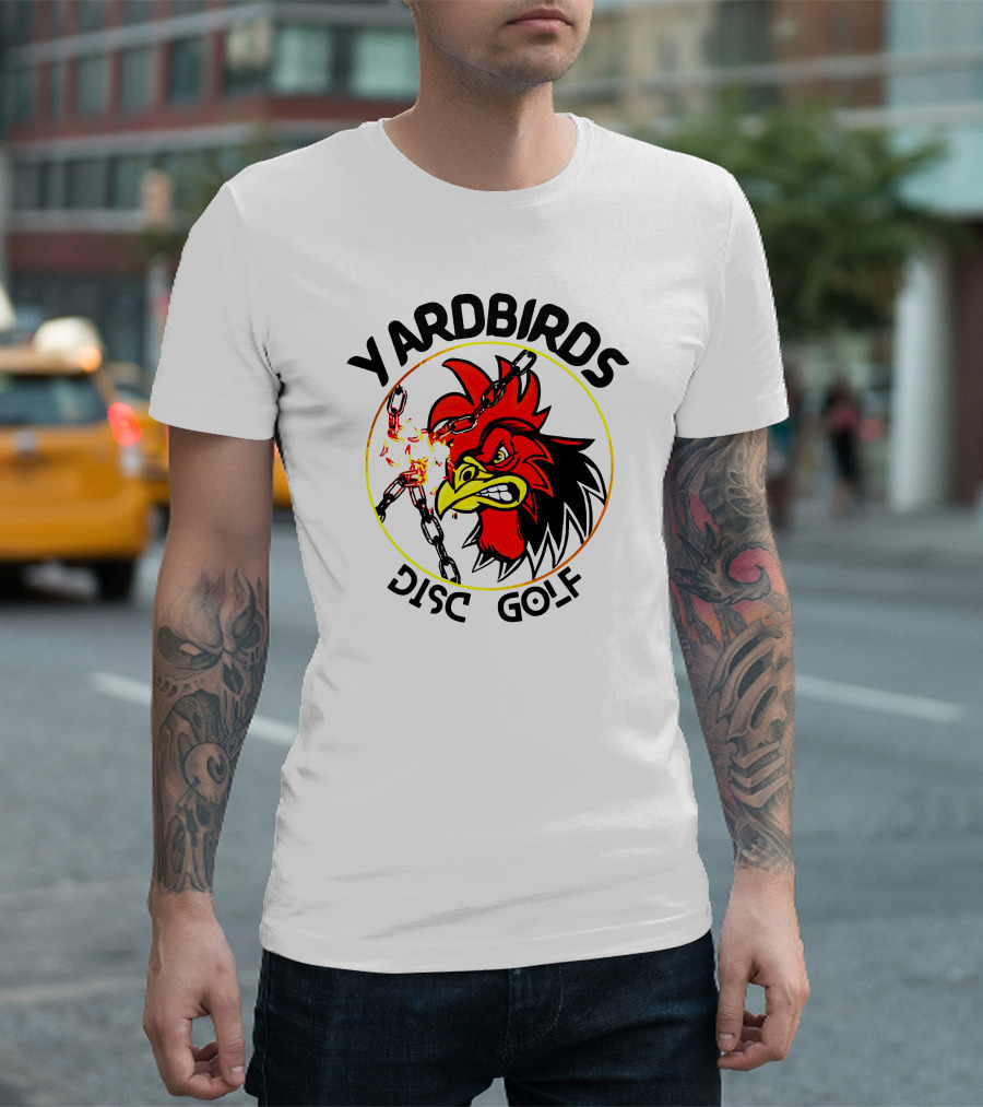 Yardbirds Disc Golf Angry Rooster with Exploding Chains T-Shirt