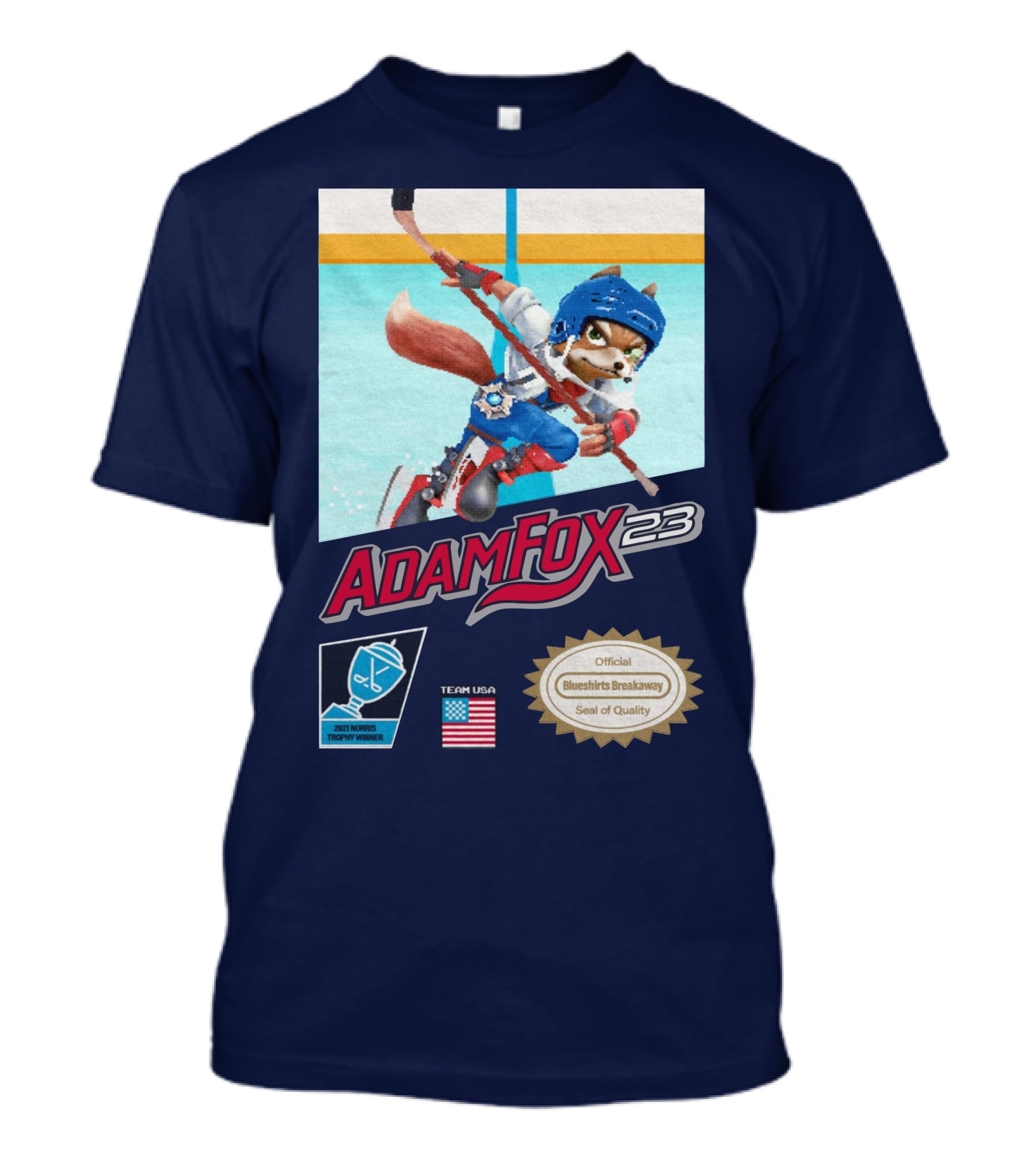 Adam Fox 23 Hockey USA Bluebirds Breakaway Seal Of Quality Team Winner T-Shirt