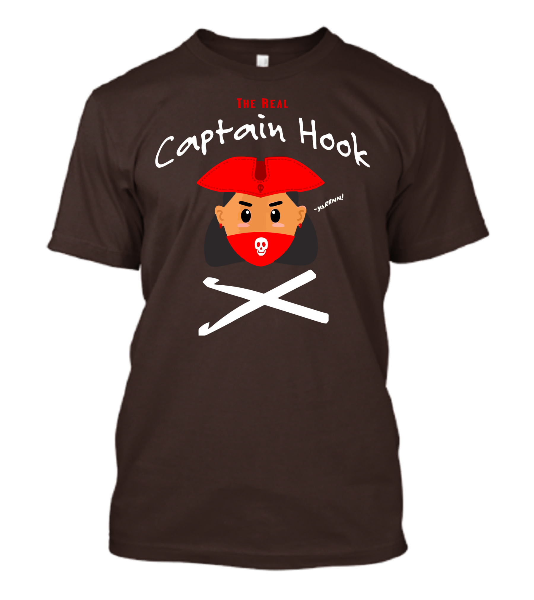 The Real Captain Hook Yarrnn Skull Red Hat Pirate Face Crossed Needles T-Shirt