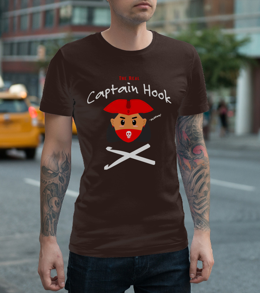The Real Captain Hook Yarrnn Skull Red Hat Pirate Face Crossed Needles T-Shirt