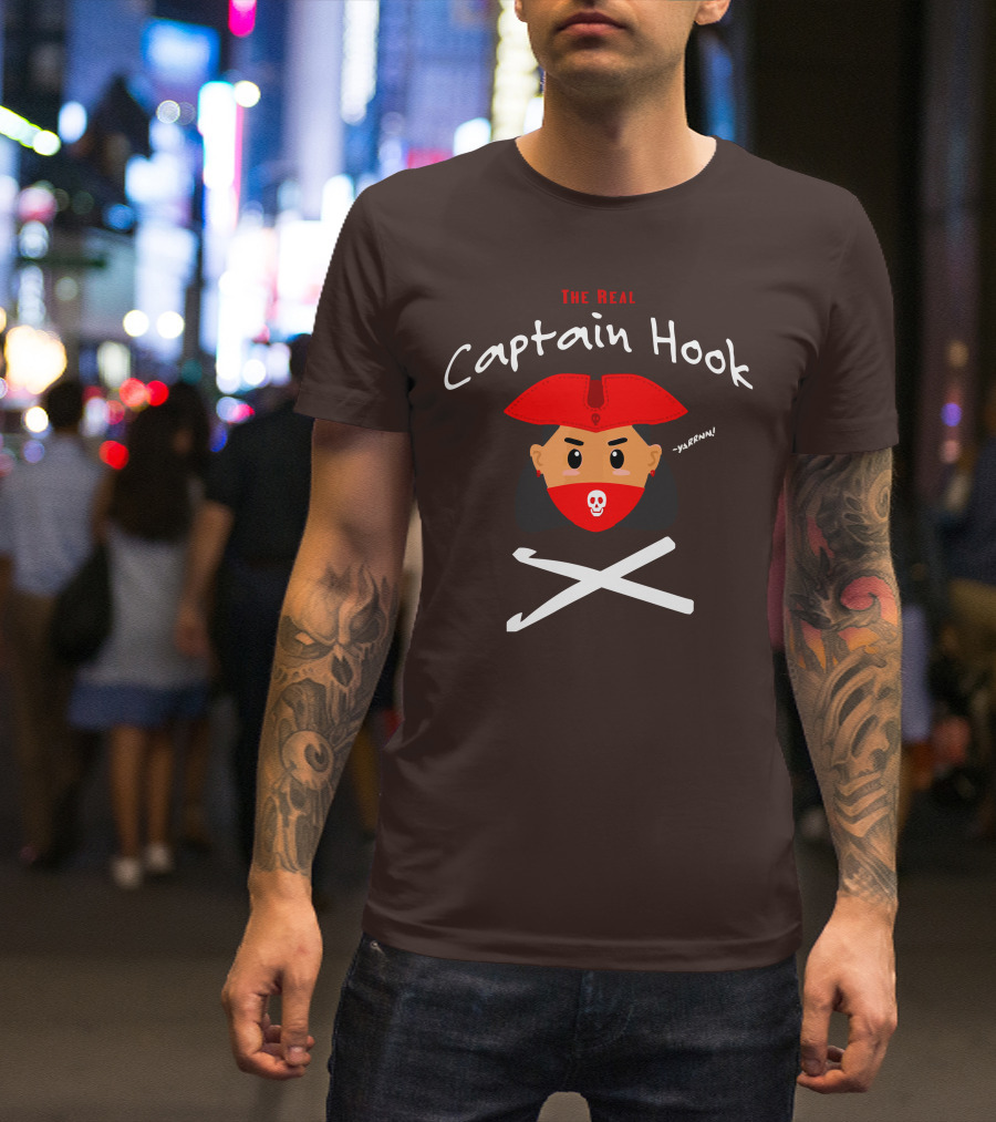 The Real Captain Hook Yarrnn Skull Red Hat Pirate Face Crossed Needles T-Shirt