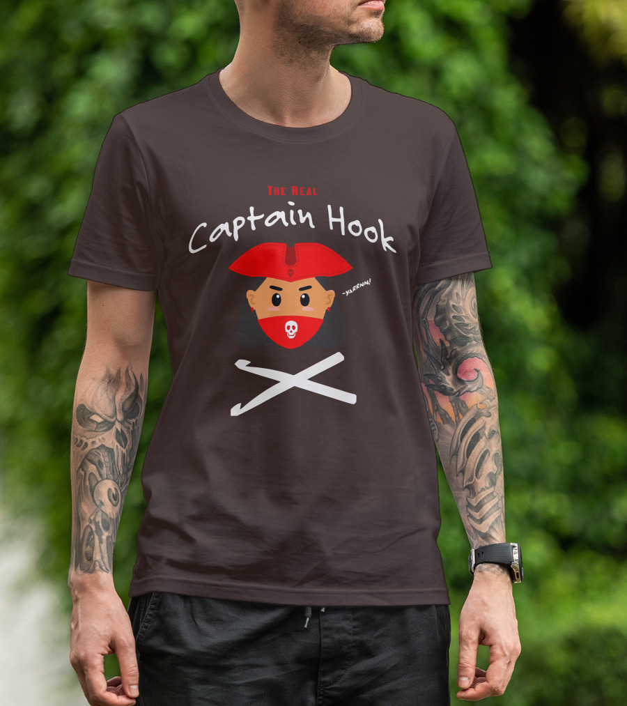 The Real Captain Hook Yarrnn Skull Red Hat Pirate Face Crossed Needles T-Shirt