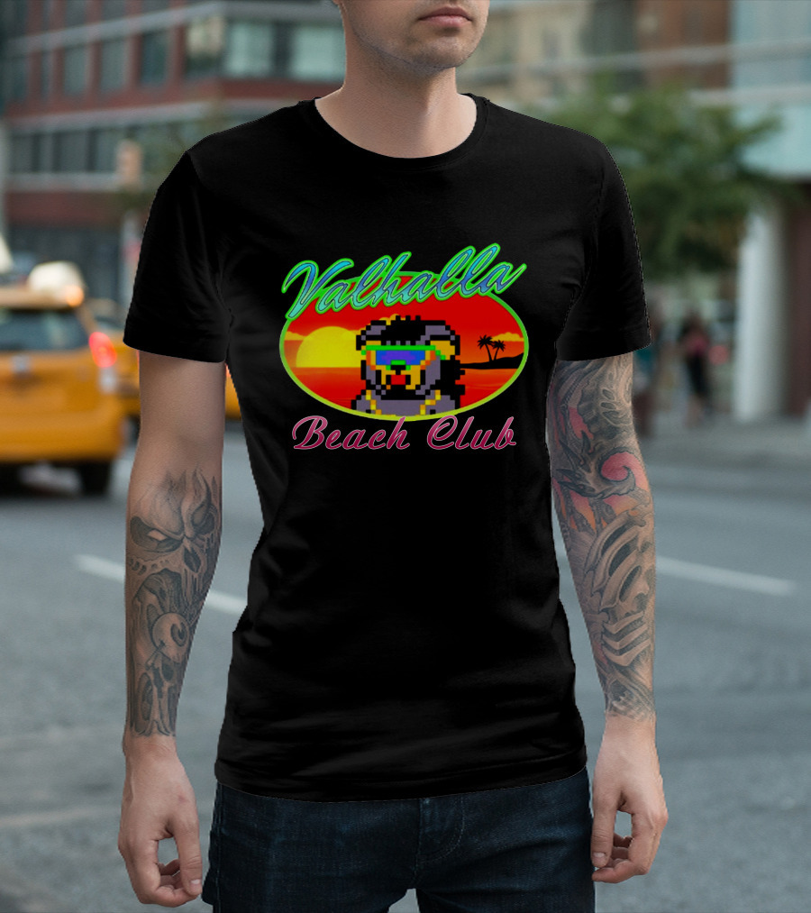 Valhalla Beach Club 80s Retro Pixel Sunset and Palm Trees T-Shirt