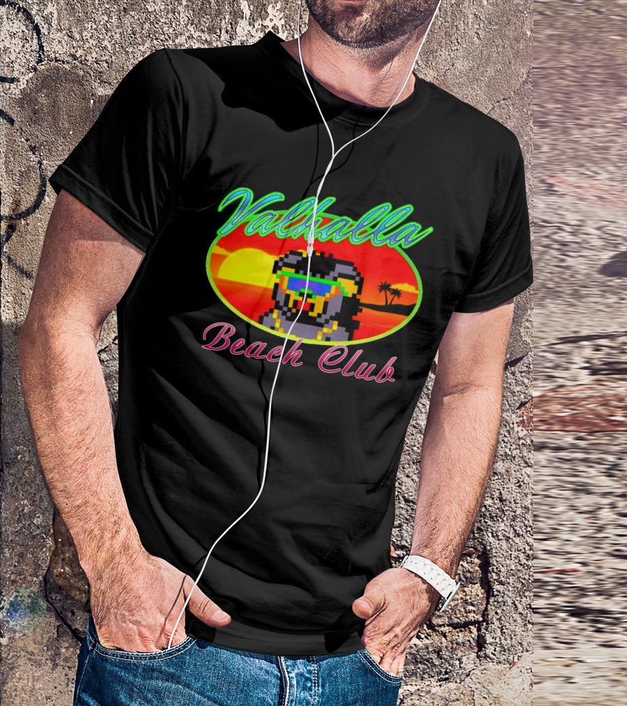 Valhalla Beach Club 80s Retro Pixel Sunset And Palm Trees T-Shirt