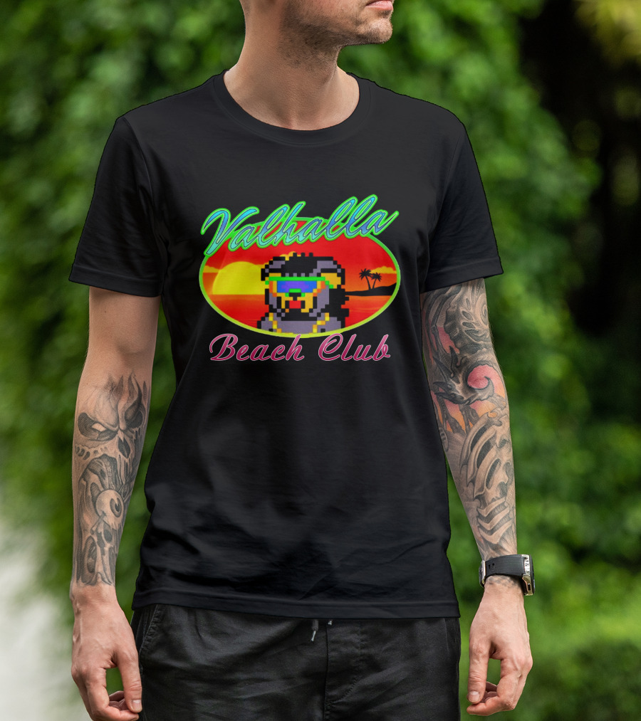 Valhalla Beach Club 80s Retro Pixel Sunset And Palm Trees T-Shirt