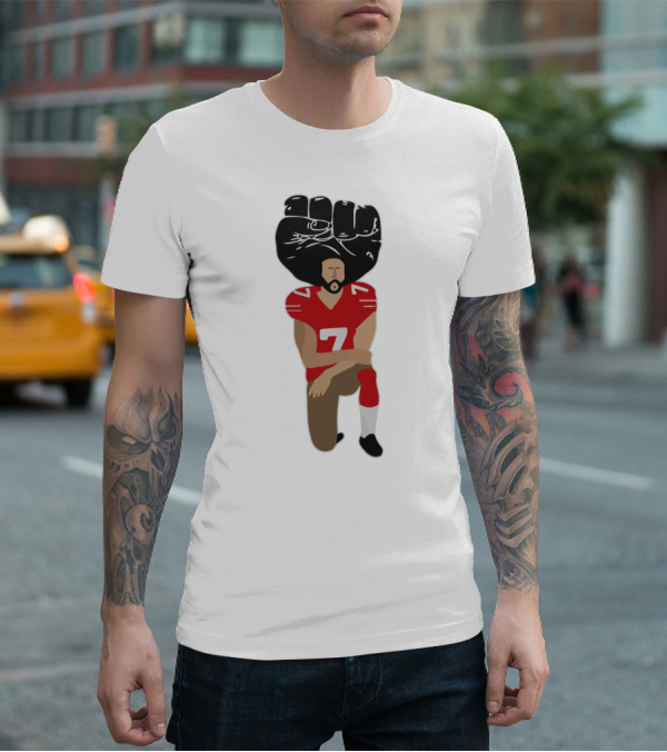 Colin Kaepernick Kneeling With Raised Fist And Red Football Jersey Number 7 T-Shirt