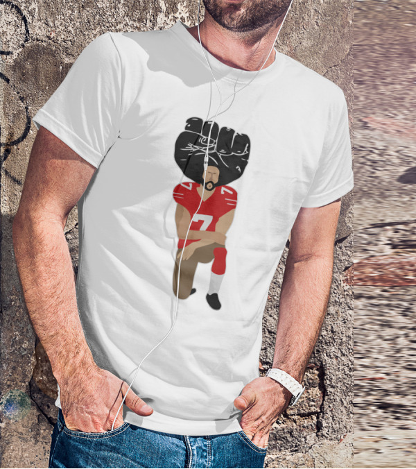 Colin Kaepernick Kneeling With Raised Fist And Red Football Jersey Number 7 T-Shirt