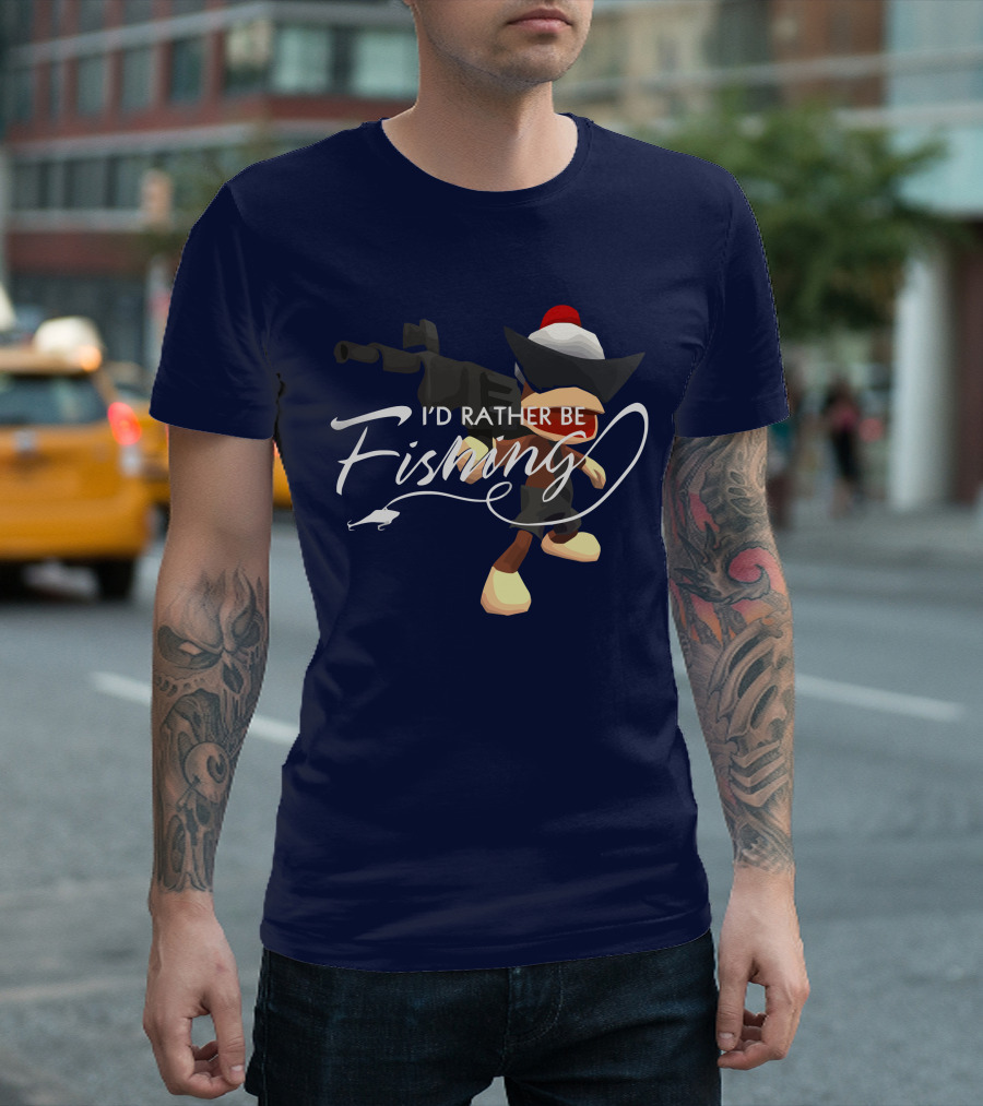 I'd Rather Be Fishing Video Game Character with Rod and Hat T-Shirt