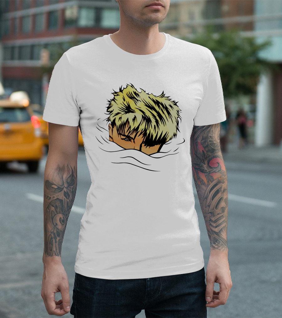 The Devil Wore Anime Character with Blond Spiky Hair Peeking Above Water T-Shirt