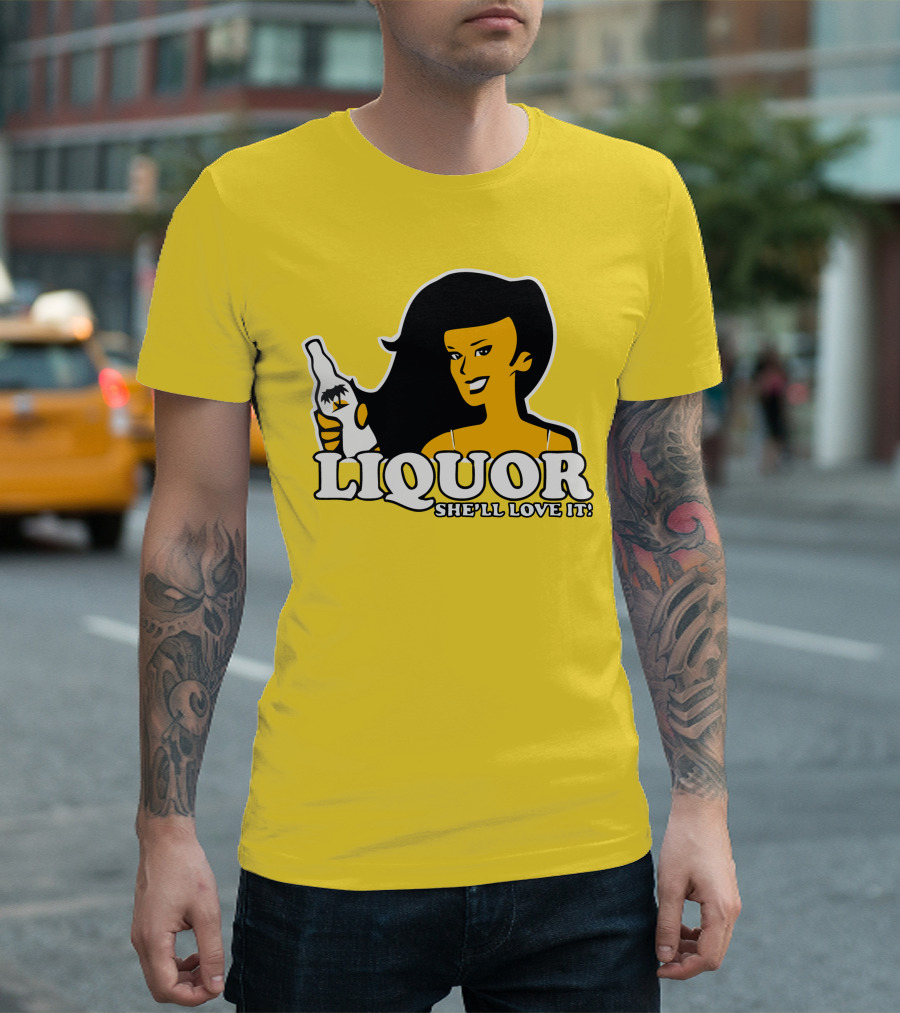 Liquor She'll Love It Retro Pin-Up Style Woman Holding Bottle T-Shirt