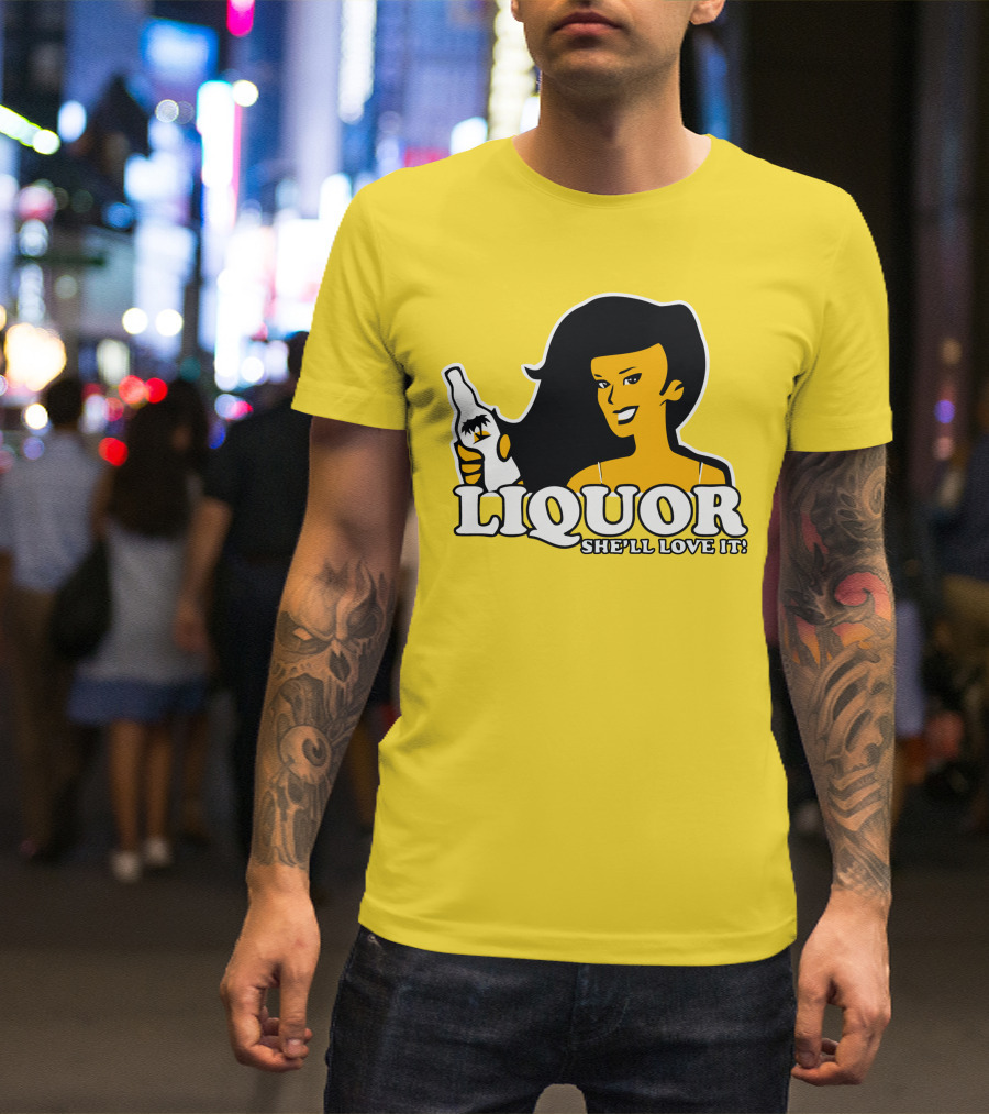 Liquor She'll Love It Retro Pin-Up Style Woman Holding Bottle T-Shirt