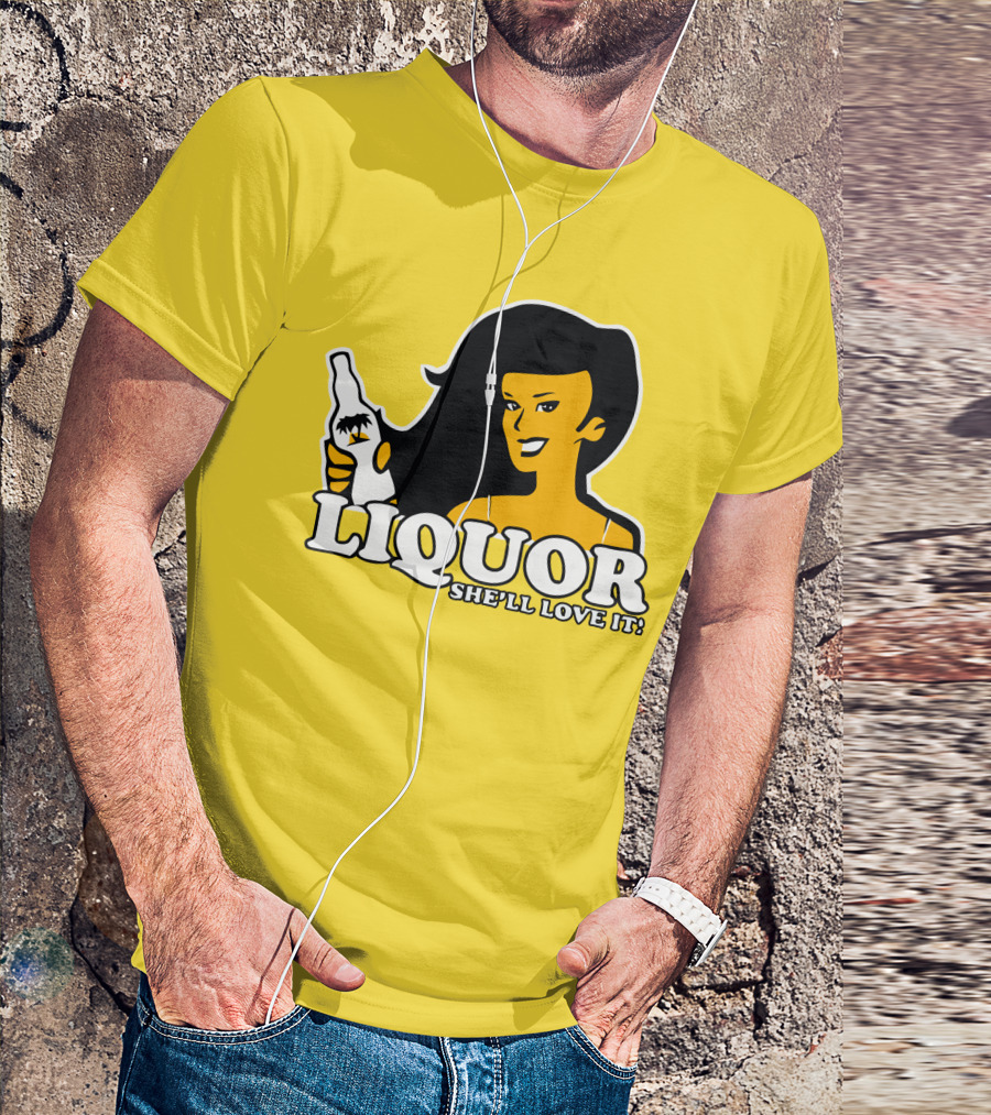 Liquor She'll Love It Retro Pin-Up Style Woman Holding Bottle T-Shirt