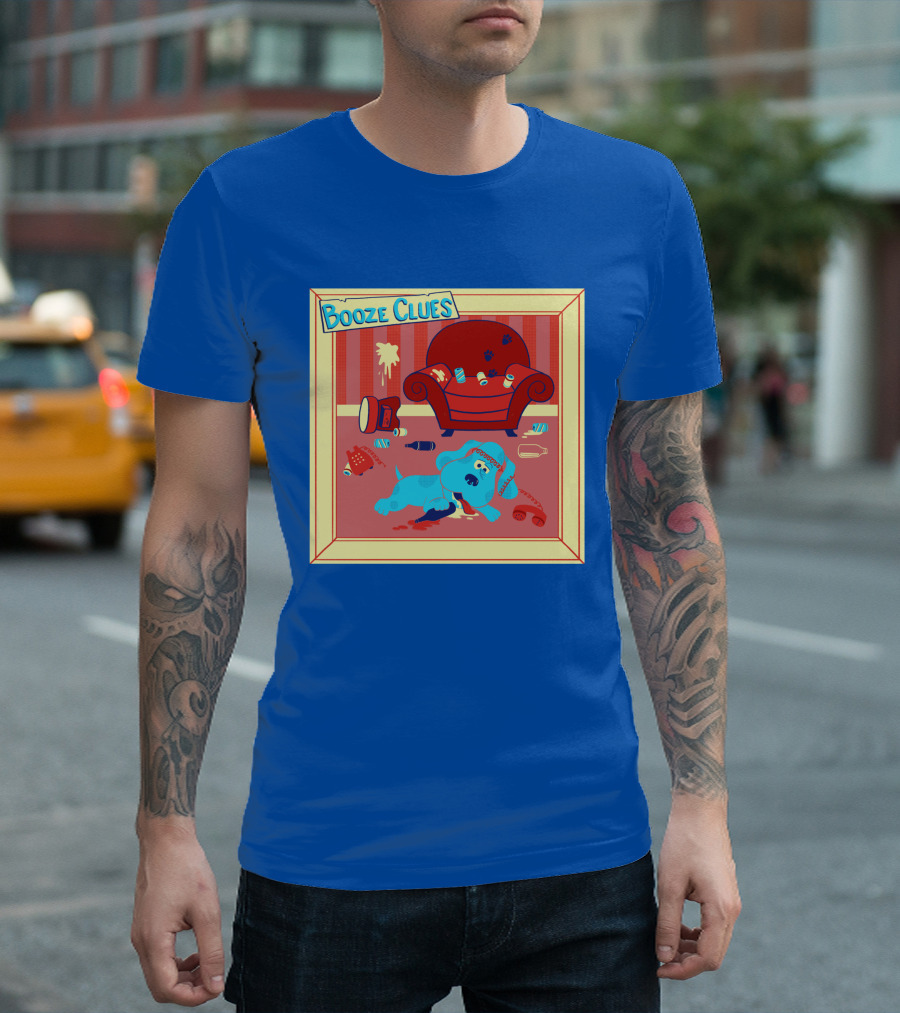 Booze Clues Blue Dog Party Mess with Cans and Couch T-Shirt