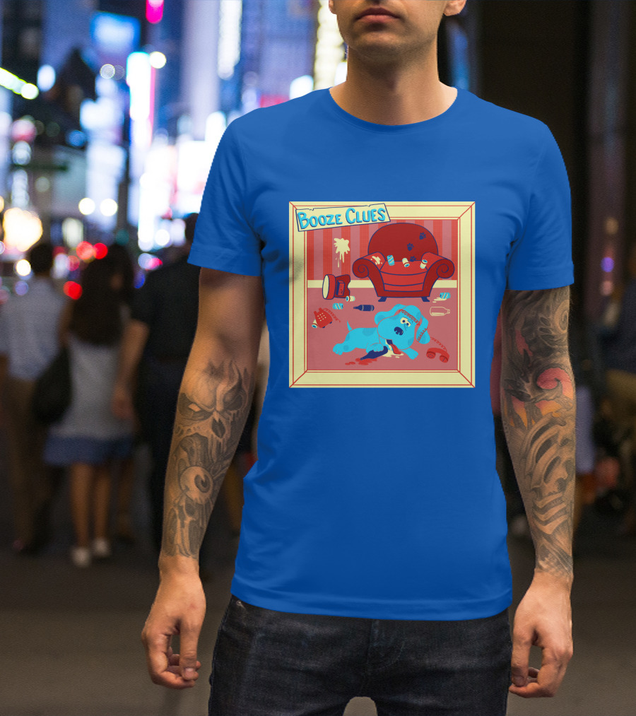 Booze Clues Blue Dog Party Mess With Cans And Couch T-Shirt