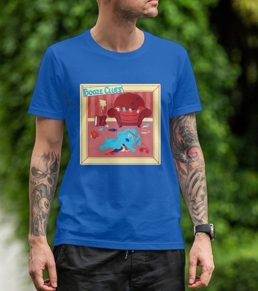 Booze Clues Blue Dog Party Mess With Cans And Couch T-Shirt