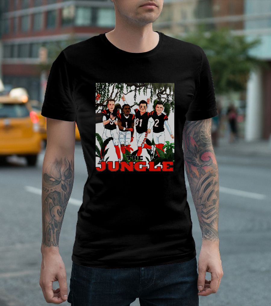 The Jungle Football Players in Team Jerseys Celebrating in Forest T-Shirt