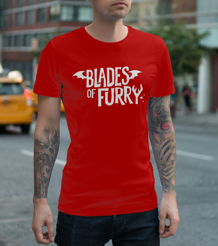 Blades of Furry Text with Bat Wings and Stars T-Shirt