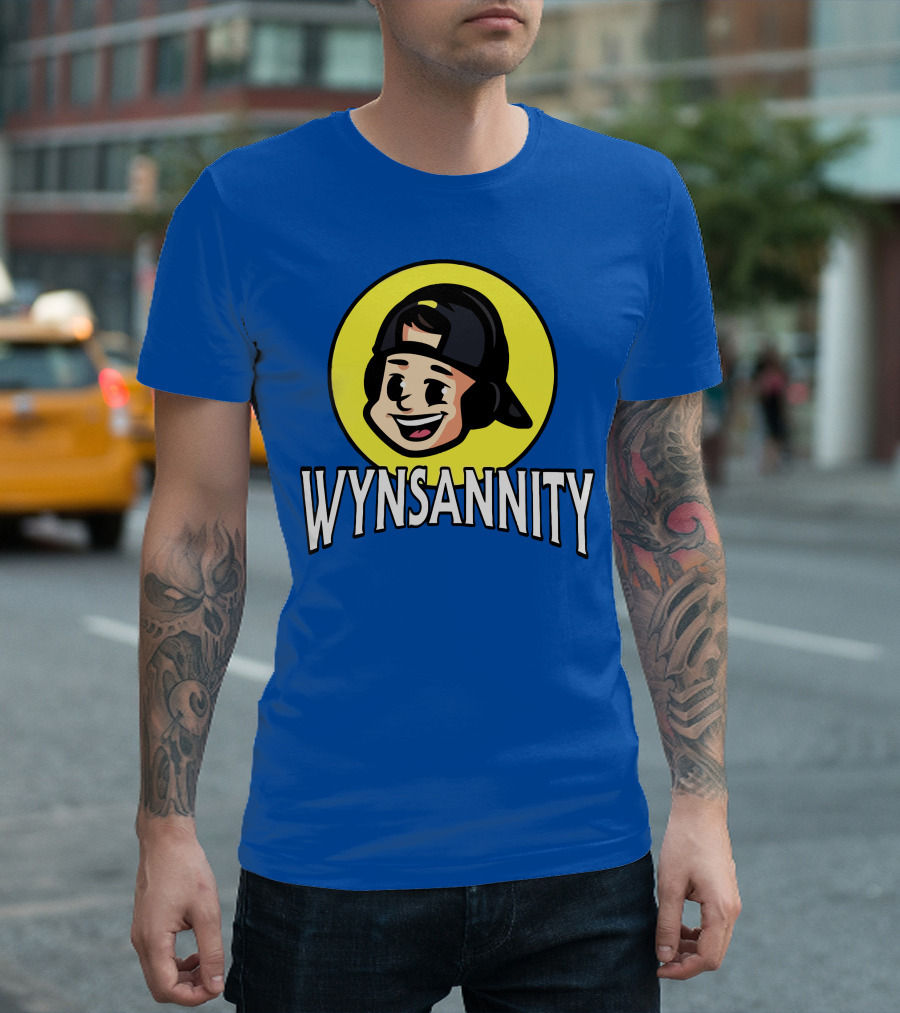 Wynnsanity Cartoon Character With Headphones And Backwards Cap Icon In Yellow Circle T-Shirt