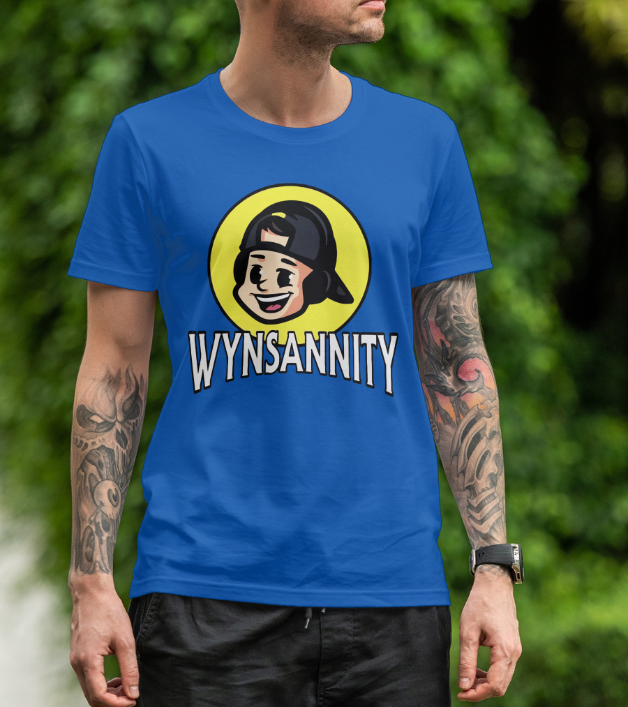 Wynnsanity Cartoon Character With Headphones And Backwards Cap Icon In Yellow Circle T-Shirt